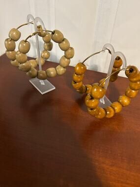 2 Pairs Vintage Boho Large 3.5" Light Wood Circle Pierced Drop Earrings